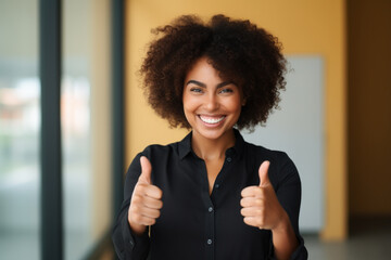 Business Woman Thumbs Up Looking at You Black Woman Office Background