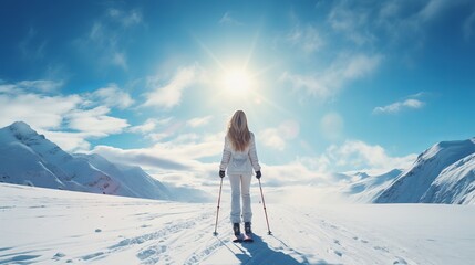 Young woman standing with skis on the ski track at a sunny day