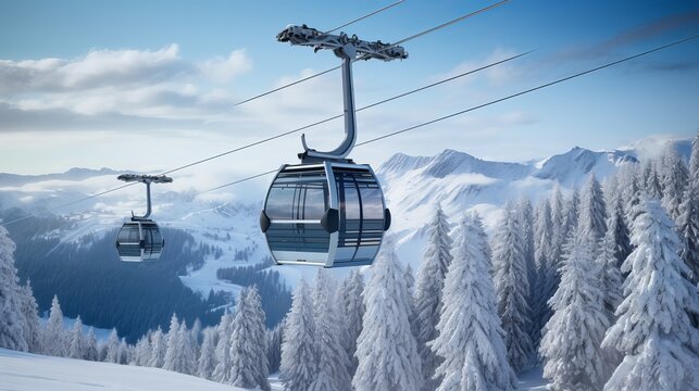 New modern spacious big cabin ski lift gondola against snowcapped forest tree and mountain peaks covered in snow landscape in luxury winter alpine resort