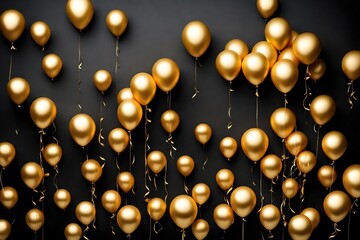 Happy Birthday beautiful golden ballons with black background Generative AI