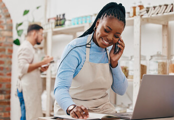 Black woman, cashier and phone call with networking and inventory check for retail store. Happy, shop management and mobile with communication and discussion about small business and supply chain
