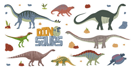 Cartoon dinosaur characters, vector prehistoric monster animals and cute baby dino personages. Happy melanorosaurus, eoraptor, henodus and lotosaurus, shunosaurus, wuerhosaurus, apatosaurus dinosaurs