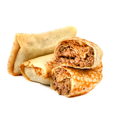 Pancakes with beef on a white background
