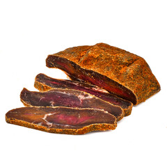 Basturma dry-cured beef Halal on a white background