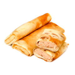 Pancakes with salmon and cream cheese on a white background