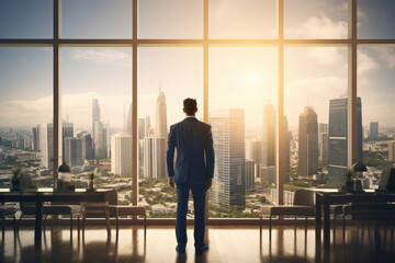 Fototapeta na wymiar Rear view businessman in modern office with large window looking at cityscape with sunlight in cityscape. Picturesque