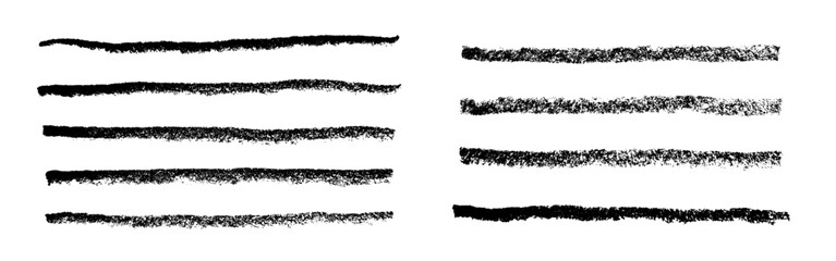 Black crayon or charcoal underlines set. Doodle lines with grunge pastel pencil texture. Hand drawn chalk scribbles or rough strokes collection. Sketchy brushes bar line
