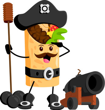 Cartoon burrito pirate and corsair tex mex mexican food character. Isolated vector swashbuckling buccaneer personage armed with a cannon, sailing the seas in search of adventure and treasures