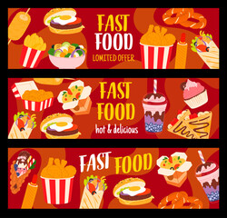 Fast food and desserts horizontal vector banners. Fried potato, salad, burger and chicken legs. Bagel, hot dog, and shawarma. Hong King bubble waffle, crepe, noodle wok, ice cream and milk shake meals