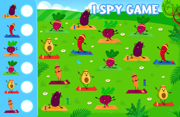 I spy game. Funny vegetable characters on yoga. Kids vector riddle worksheet with cartoon avocado, beetroot, radish, chili pepper or carrot and eggplant. How many yogi veggies children counting test