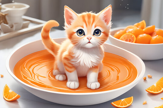 A small orange pet kitten sits in a jar on a table with an orange nearby
