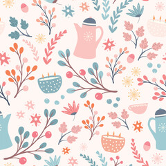 Hygge Autumn and winter pattern design. Cute and cosy vector seamless repeat resource.