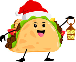 Cartoon Christmas tex mex mexican tacos character dons a festive Santa hat, clutching a lantern, radiating a warm glow, embodying holiday cheer and whimsy. Isolated vector father Noel food personage
