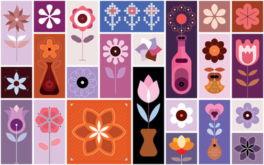 Tileable design include many different flower images and floral pattern elements. Collection of vector images, decorative seamless background.  