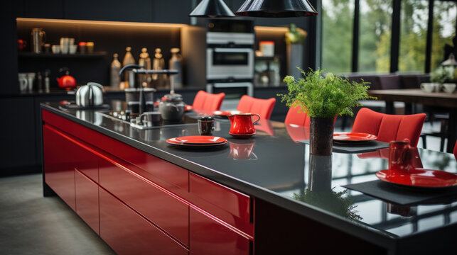 Red Glance Kitchen in modern style with light worktop with kitchen utensils.