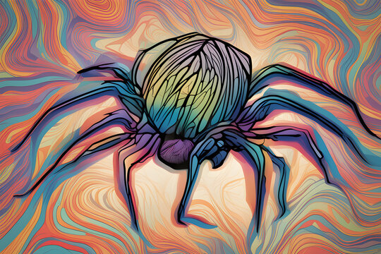 An Ai painting that takes the form of a colorful spider in the mind of a man due to the condition of arachnophobia.