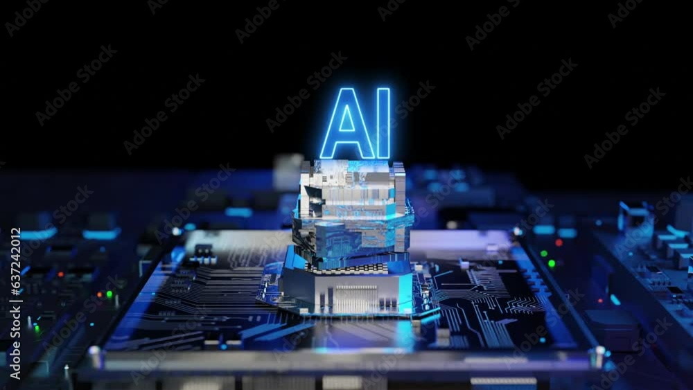 Poster 3D rendering AI artificial intelligence concept against random moving  CPU central processing unit with HUD and FUI element. Ai algorithm process with chipset on the motherboard. Technology concept