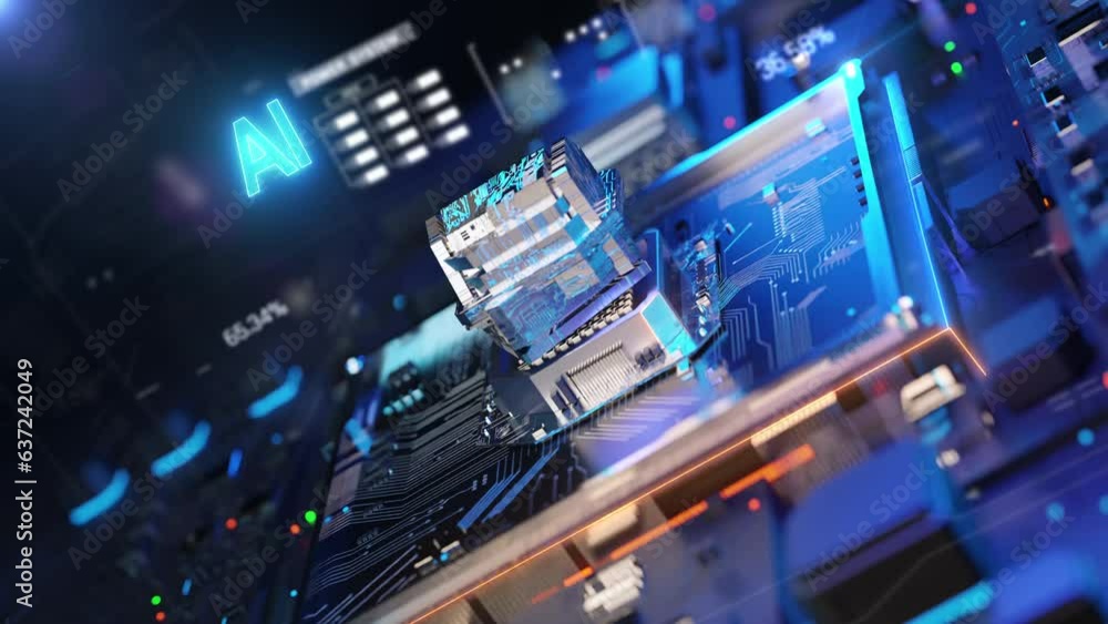 Poster 3D rendering AI artificial intelligence concept against random moving  CPU central processing unit with HUD and FUI element. Ai algorithm process with chipset on the motherboard. Technology concept
