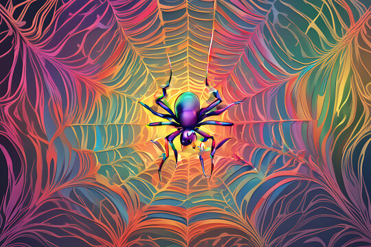 An Ai painting that takes the form of a colorful spider in the mind of a man due to the condition of arachnophobia.