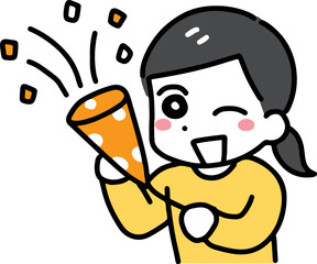 クラッカーを鳴らして笑顔で祝う私服の若い女性(上半身)