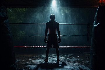 A person in the boxing ring doing boxing exercise in the dark