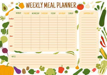 Weekly meal schedule with harvest raw vegetables. Vector week planner, food plan with raw farm vegetables. Calendar menu with shopping list. Dieting diary timetable template with fresh veggies © Buch&Bee