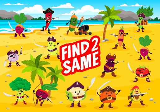 Find two same cartoon vegetable pirate or corsair characters, vector kids quiz game. Caribbean carrot captain, broccoli and spinach with cucumber on treasure island worksheet to find and match objects
