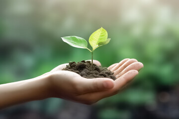 Planting a tree. Close-up on hands holding green seedling. Ecology concept. Nature Background. 