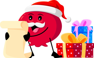 Cartoon Christmas holiday cranberry berry Santa claus character reading scroll with the wishes near the pile of gift boxes. Isolated vector comic father Noel or saint Nicholas mooseberry personage