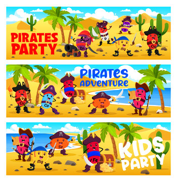 Kids pirate party. Cartoon vitamins and micronutrient corsair characters on treasure island. Vector horizontal banners with P, I, K and Cu, Fe, Cl or Mg with Se and Zn filibuster capsule personages