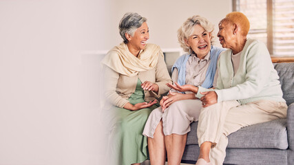 Couch, friends and senior women in conversation in a living room together talking, laughing and bonding on retirement. Happy, funny and elderly people talking in discussion with happiness on a sofa - obrazy, fototapety, plakaty