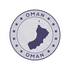 Oman round badge vector. Country round stamp with shape of Oman, isolines and circular country name. Artistic emblem. Classy vector illustration.