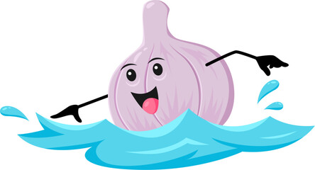 Cartoon cheerful garlic vegetable character swimming in sea on summer beach vacation. Isolated vector humorous veg personage having outdoor entertainment and rest at basking in ocean breeze and swim