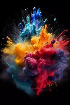 Colorful rainbow holi paint splash, color powder explosion, black background.