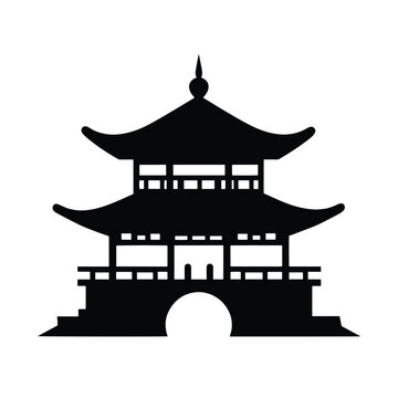 recommend clip art: Chinese temples, gates and traditional buildings in black and white, vector illustration