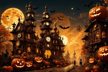 Fototapeta na wymiar Halloween. Steampunk trifft auf Halloween. Schaurig schöne Kulisse einer halloweenbeleuchteten Steampunkstadt.