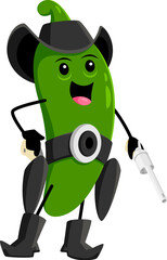 Cartoon green jalapeno pepper dressed as a cowboy, complete with hat and boots, ready to add some heat to tex mex dishes. Isolated vector sheriff, ranger or bandit, traditional mexican spicy vegetable