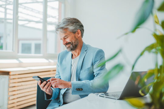 Smiling businessman using mobile phone sitting at desk in office