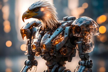 eagle in the city in transparent camo worn mech suit portrait - obrazy, fototapety, plakaty