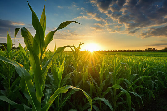 Field of corn at sunset during the year stock photo, in the style of uhd image