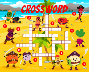 Naklejka premium Crossword quiz game. Cartoon vegetable pirates and corsairs characters puzzle grid vector worksheet. Pirate treasure island crossword game with cute tomato, carrot, pepper, avocado, garlic personages