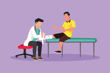 Character flat drawing of doctor bandage broken leg to male patient sitting on couch. Upset man with plaster on ankle in hospital room. Trauma, healthcare, therapy. Cartoon design vector illustration