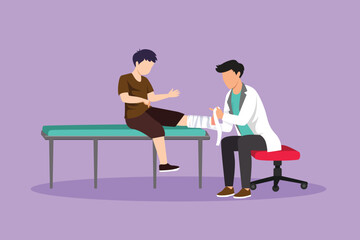 Graphic flat design drawing doctor bandage broken leg to little boy patient sitting on couch. Kid with plaster on ankle in hospital room. Trauma, healthcare, therapy. Cartoon style vector illustration