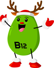Cartoon christmas vitamin b12 character dressed as a Xmas reindeer, spreading festive cheer with a jolly smile, red nose and antlers. Isolated vector green Cobalamin capsule personage with deer horns