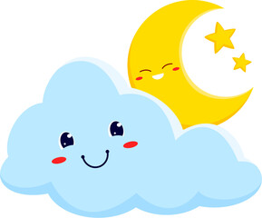 Sleeping moon with stars and cloud, funny weather forecast cartoon characters. Vector night time, sign, smiling cloud in sky and crescent moon. Bedtime
