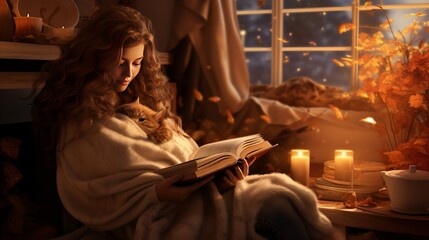 Cozy autumn at home, a woman with tea and a book resting. A cozy way of life