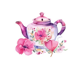 Watercolor romantic with home teapot. Vector illustration design.