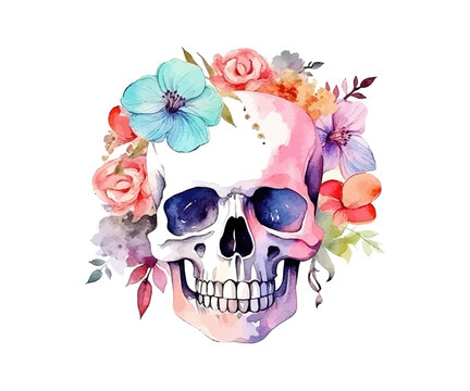 Skull flowers watercolor. Vector illustration design