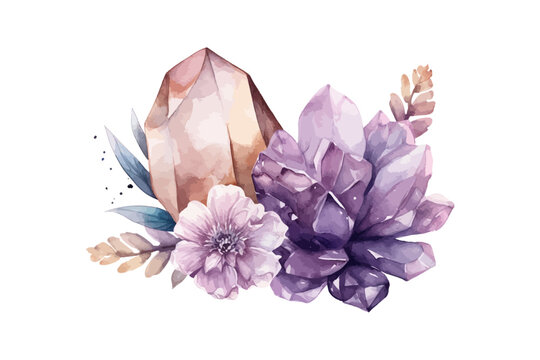 Crystals and flowers watercolor. Vector illustration design