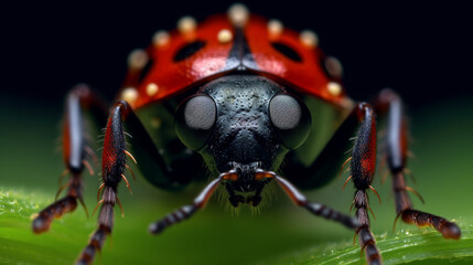 Macro of ladybug on green leaf. Close-up.